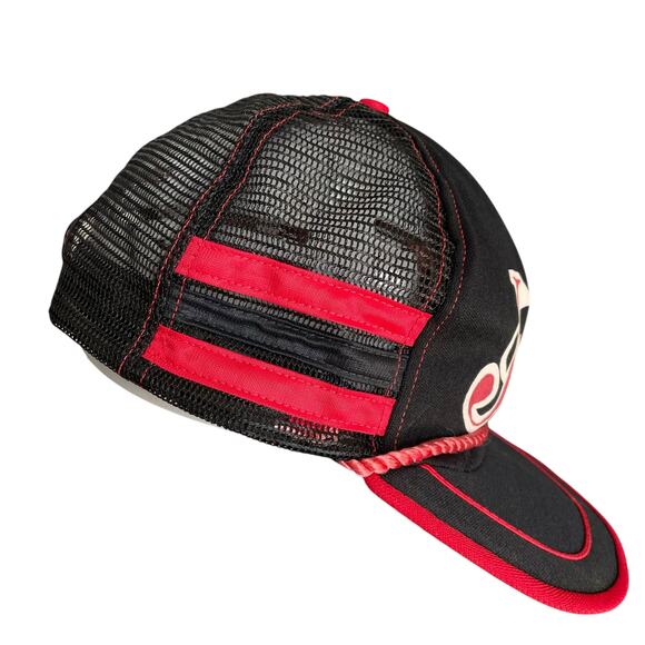 Vintage Justin Boots 3 Stripe Snapback Hat Trucker Mesh Large Black Red No Foam - Picture 3 of 11